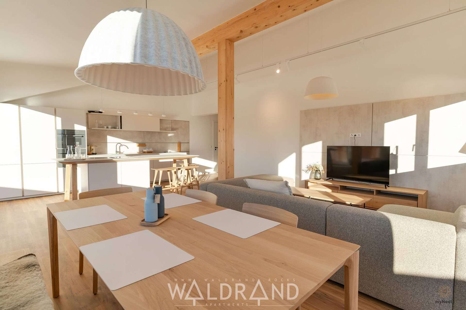 Esstisch vor Wohnbereich mit Holzbalken im Penthouse Falke 13